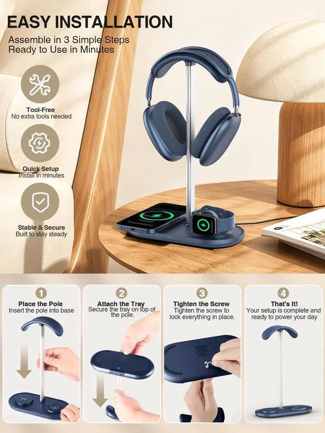 Alt view image 7 of 7 - 3 in 1 Headphone Stand, Airpod Max Charger Stand with 15W Wireless Charger, Aluminum Alloy Rod, Blue