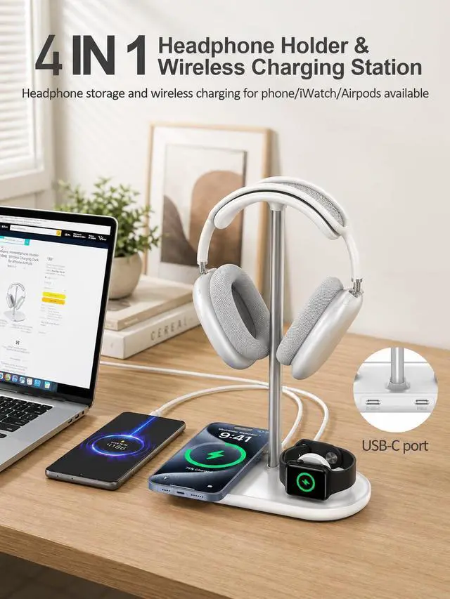 Alt view image 2 of 7 - 4 in 1 Headphone Stand, Airpod Max Charger Stand with 15W Wireless Charger | Headset Holder for AirPods Max 2/Pro/iWatch/Vision Pro, Charging for iPhone 17/16/15/14/13/12/11/X, Aluminum Alloy Rod