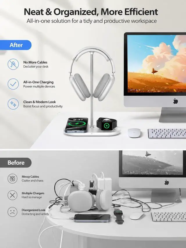 Alt view image 4 of 7 - 4 in 1 Headphone Stand, Airpod Max Charger Stand with 15W Wireless Charger | Headset Holder for AirPods Max 2/Pro/iWatch/Vision Pro, Charging for iPhone 17/16/15/14/13/12/11/X, Aluminum Alloy Rod