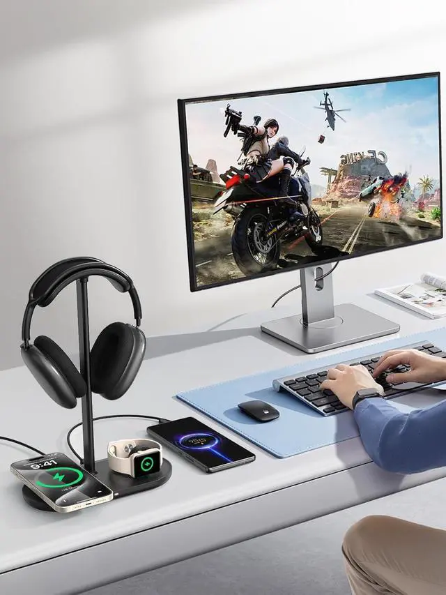 Alt view image 5 of 7 - 4 in 1 Headphone Stand, Airpod Max Charger Stand with 15W Wireless Charger | Headset Holder for AirPods Max 2/Pro/iWatch/Vision Pro, Charging for iPhone 17/16/15/14/13/12/11/X, Aluminum Alloy Rod