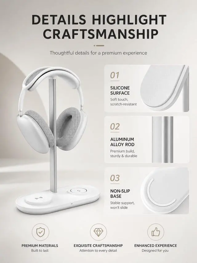 Alt view image 6 of 7 - 4 in 1 Headphone Stand, Airpod Max Charger Stand with 15W Wireless Charger | Headset Holder for AirPods Max 2/Pro/iWatch/Vision Pro, Charging for iPhone 17/16/15/14/13/12/11/X, Aluminum Alloy Rod
