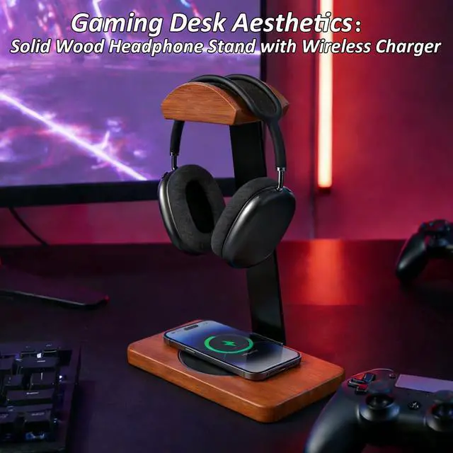 Alt view image 2 of 6 - Solid Wooden Headphone Holder with Qi Wireless Charging Pad, Gift Choice | Heavy Duty Wood Universal Headset Stand Compatible with Airpods Max,Bose,Razer,AKG,Equipment Accessories for Walnut Desk