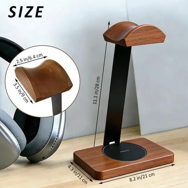 Alt view image 6 of 6 - Solid Wooden Headphone Holder with Qi Wireless Charging Pad, Gift Choice | Heavy Duty Wood Universal Headset Stand Compatible with Airpods Max,Bose,Razer,AKG,Equipment Accessories for Walnut Desk