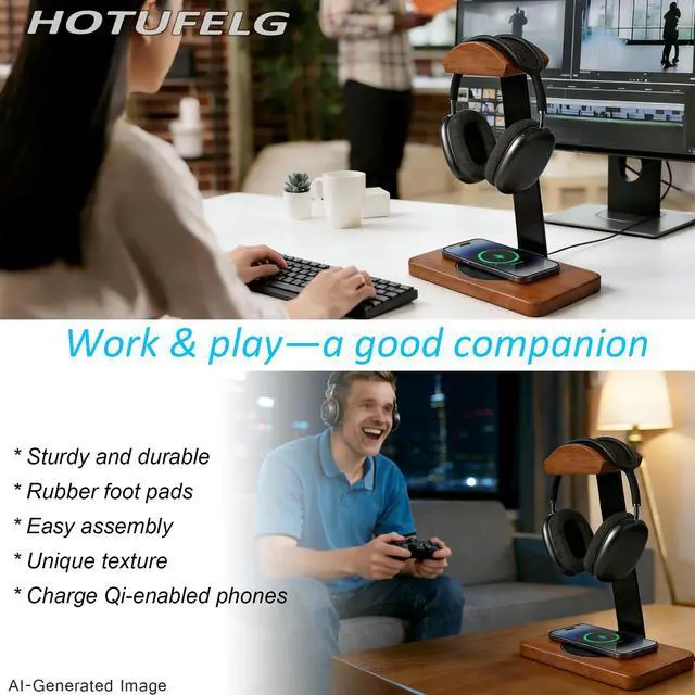 Alt view image 4 of 6 - Solid Wooden Headphone Holder with Qi Wireless Charging Pad, Gift Choice | Heavy Duty Wood Universal Headset Stand Compatible with Airpods Max,Bose,Razer,AKG,Equipment Accessories for Walnut Desk