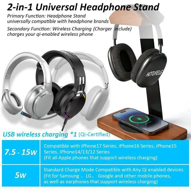 Alt view image 5 of 6 - Solid Wooden Headphone Holder with Qi Wireless Charging Pad, Gift Choice | Heavy Duty Wood Universal Headset Stand Compatible with Airpods Max,Bose,Razer,AKG,Equipment Accessories for Walnut Desk