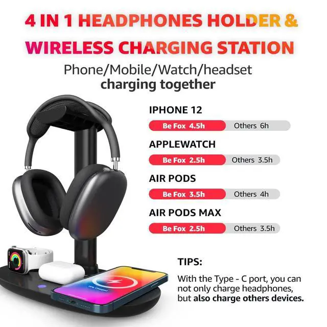 Alt view image 2 of 7 - 4 in 1 Wireless Charger with Headphone Stand Headset Holder & Station Dock for Apple Watch, AirPods Max/Pro/Pro 2/AirPods 4/ iPhone 16/15/14/13/12 LG, Samsung Galaxy