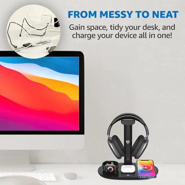 Alt view image 4 of 7 - 4 in 1 Wireless Charger with Headphone Stand Headset Holder & Station Dock for Apple Watch, AirPods Max/Pro/Pro 2/AirPods 4/ iPhone 16/15/14/13/12 LG, Samsung Galaxy