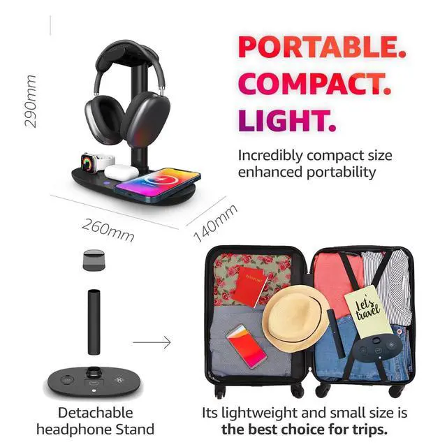 Alt view image 6 of 7 - 4 in 1 Wireless Charger with Headphone Stand Headset Holder & Station Dock for Apple Watch, AirPods Max/Pro/Pro 2/AirPods 4/ iPhone 16/15/14/13/12 LG, Samsung Galaxy