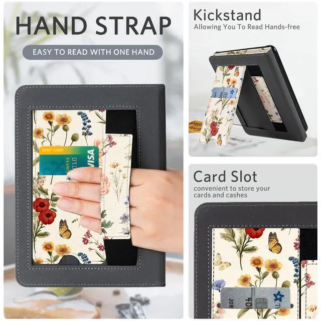 Alt view image 4 of 7 - Case with Stand for Kindle Paperwhite 12th Gen 2024 Released (7") & Kindle Colorsoft Signature Edition - Durable PU Leather Cover with Auto Sleep Wake, Card Slot, Hand Strap Feature, Floralia