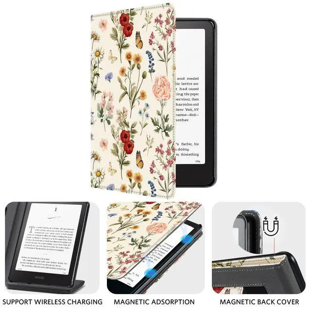 Alt view image 5 of 7 - Case with Stand for Kindle Paperwhite 12th Gen 2024 Released (7") & Kindle Colorsoft Signature Edition - Durable PU Leather Cover with Auto Sleep Wake, Card Slot, Hand Strap Feature, Floralia