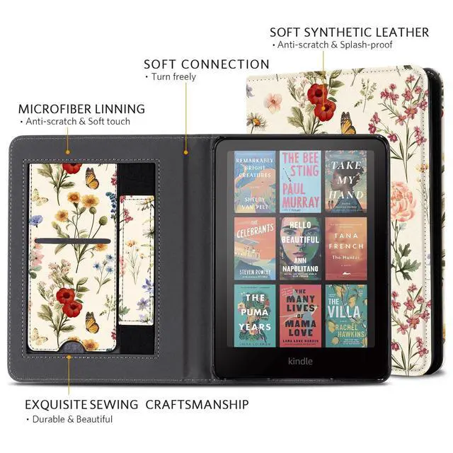 Alt view image 3 of 7 - Case with Stand for Kindle Paperwhite 12th Gen 2024 Released (7") & Kindle Colorsoft Signature Edition - Durable PU Leather Cover with Auto Sleep Wake, Card Slot, Hand Strap Feature, Floralia