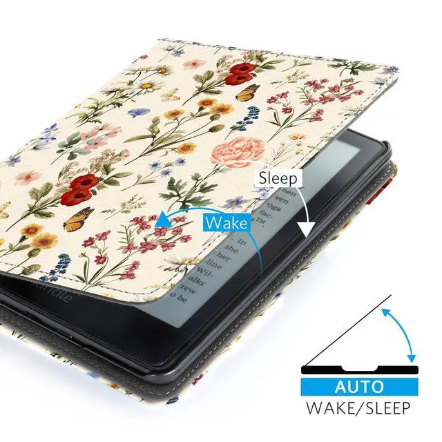 Alt view image 6 of 7 - Case with Stand for Kindle Paperwhite 12th Gen 2024 Released (7") & Kindle Colorsoft Signature Edition - Durable PU Leather Cover with Auto Sleep Wake, Card Slot, Hand Strap Feature, Floralia