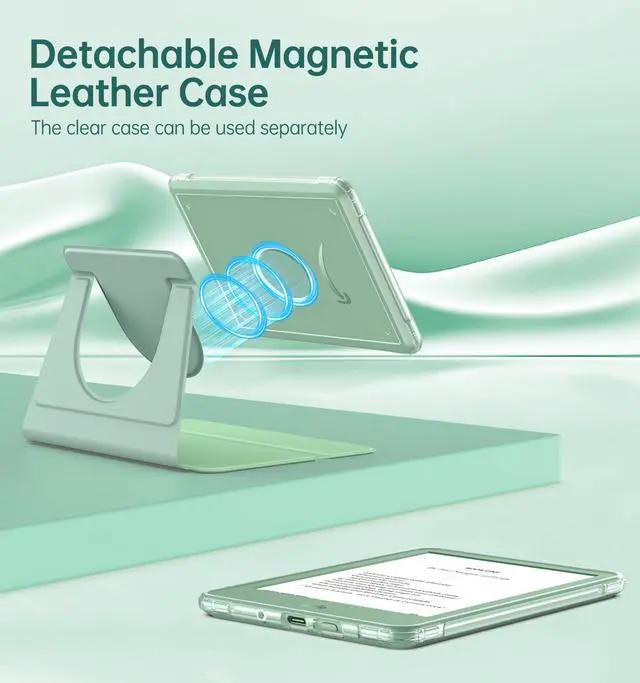 Alt view image 3 of 7 - 360°Rotating Case for 6" Kindle 11th Generation 2024/2022, Matcha | Clear Back, Detachable Magnetic, Adjustable Stand Cover, Auto Wake/Sleep, for Kindle Basic e-reader