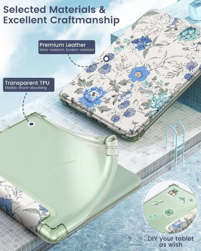 Alt view image 4 of 7 - Case for 6" Kindle Basic 11th Generation (2024/2022),White Blue Floral | Ultra Clear Soft Flexible Transparent TPU Back Cover with Auto Wake/Sleep for Kindle 11th Generation 2024