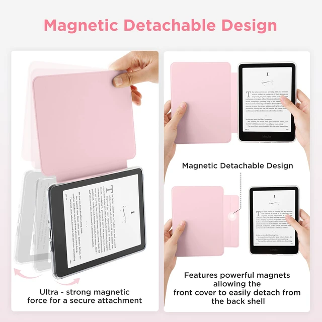Alt view image 3 of 7 - Magnetic Case for 7'' Kindle Paperwhite 12th Gen 2024 & Colorsoft | Magnetic Detachable, Auto Wake/Sleep, Clear PC Case, Soft TPU Edge, Lightweight, For Bookish Travelers, Pink