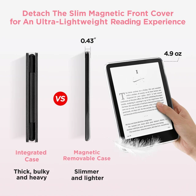 Alt view image 4 of 7 - Magnetic Case for 7'' Kindle Paperwhite 12th Gen 2024 & Colorsoft | Magnetic Detachable, Auto Wake/Sleep, Clear PC Case, Soft TPU Edge, Lightweight, For Bookish Travelers, Pink