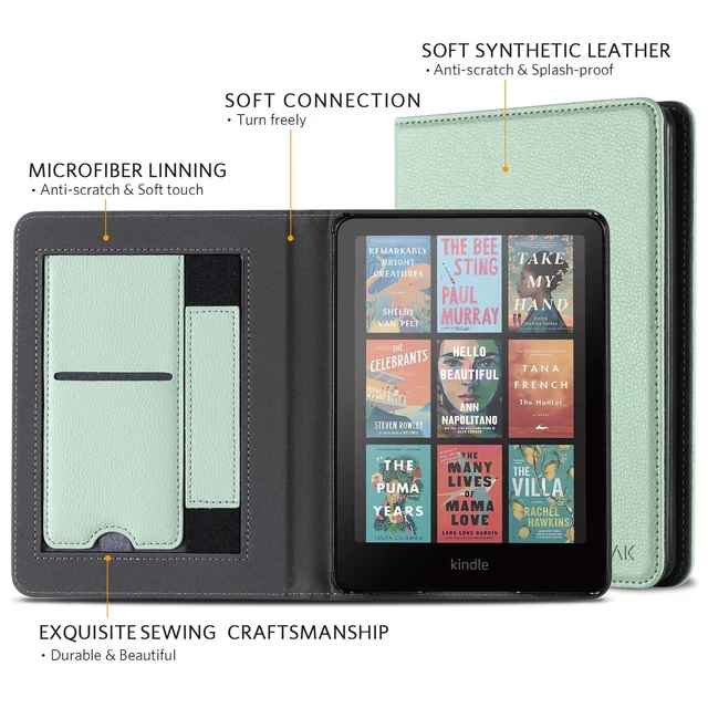 Alt view image 3 of 7 - Case with Stand for Kindle Paperwhite 12th Gen 2024 Released (7") & Kindle Colorsoft Signature Edition - Durable PU Leather Cover with Auto Sleep Wake, Card Slot, Hand Strap Feature, Sage Green