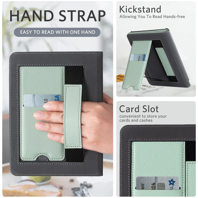 Alt view image 4 of 7 - Case with Stand for Kindle Paperwhite 12th Gen 2024 Released (7") & Kindle Colorsoft Signature Edition - Durable PU Leather Cover with Auto Sleep Wake, Card Slot, Hand Strap Feature, Sage Green