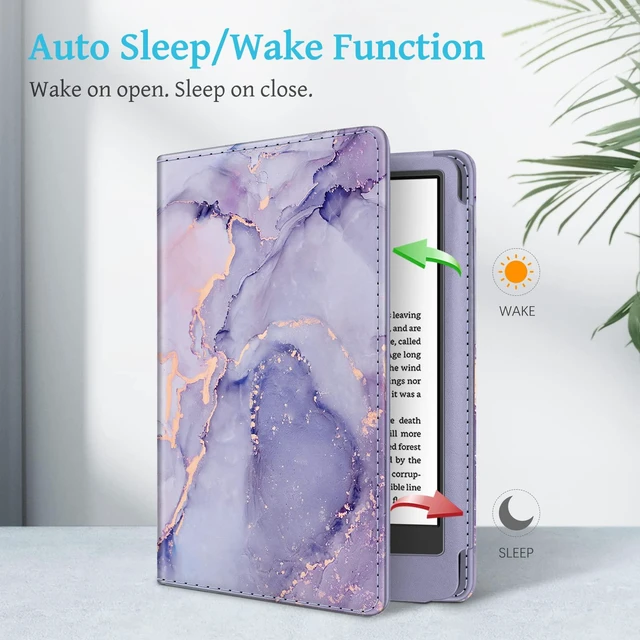Alt view image 3 of 7 - Stand Case for 6" Kindle 11th Generation 2024/2022, Lilac Marble | Foldable Kickstand PU Leather Cover, Card Slot & Hand Strap, Auto Sleep/Wake, for All-New Kindle 2024/2022 11th Gen e-Reader
