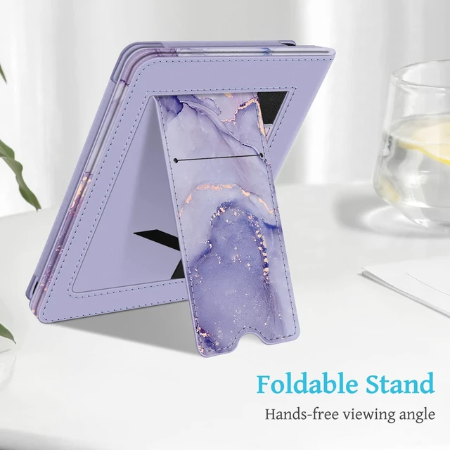 Alt view image 4 of 7 - Stand Case for 6" Kindle 11th Generation 2024/2022, Lilac Marble | Foldable Kickstand PU Leather Cover, Card Slot & Hand Strap, Auto Sleep/Wake, for All-New Kindle 2024/2022 11th Gen e-Reader