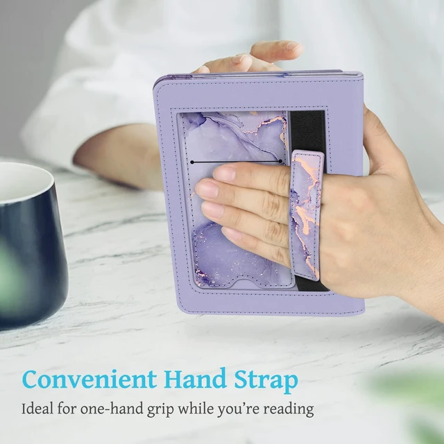 Alt view image 7 of 7 - Stand Case for 6" Kindle 11th Generation 2024/2022, Lilac Marble | Foldable Kickstand PU Leather Cover, Card Slot & Hand Strap, Auto Sleep/Wake, for All-New Kindle 2024/2022 11th Gen e-Reader