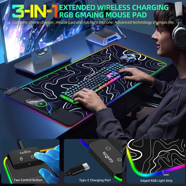Alt view image 2 of 7 - Wireless Charging Mouse Pad, RGB Gaming Desk Mat, 31.5"x15.7" | XXL Large Desk Pad with Ultra-Smooth Surface, Non-Slip, Waterproof Computer Keyboard Pad for Gamer, Black Topographic Line