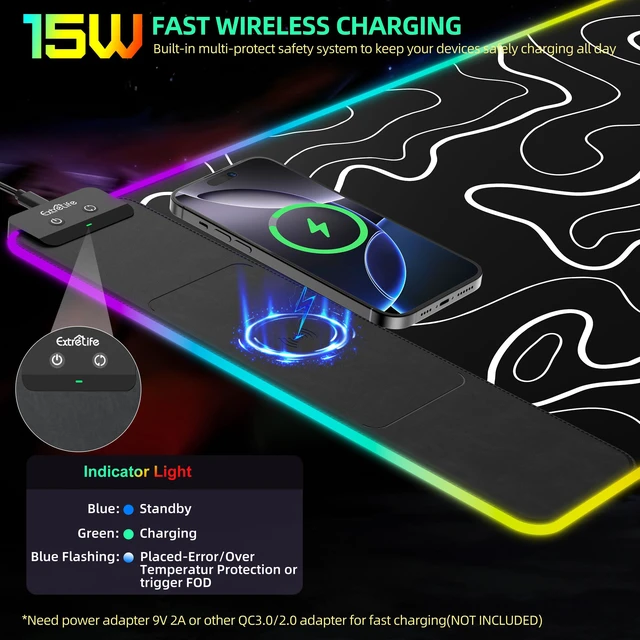 Alt view image 3 of 7 - Wireless Charging Mouse Pad, RGB Gaming Desk Mat, 31.5"x15.7" | XXL Large Desk Pad with Ultra-Smooth Surface, Non-Slip, Waterproof Computer Keyboard Pad for Gamer, Black Topographic Line