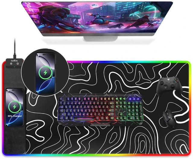 Main image of Wireless Charging Mouse Pad, RGB Gaming Desk Mat, 31.5"x15.7" | XXL Large Desk Pad with Ultra-Smooth Surface, Non-Slip, Waterproof Computer Keyboard Pad for Gamer, Black Topographic Line