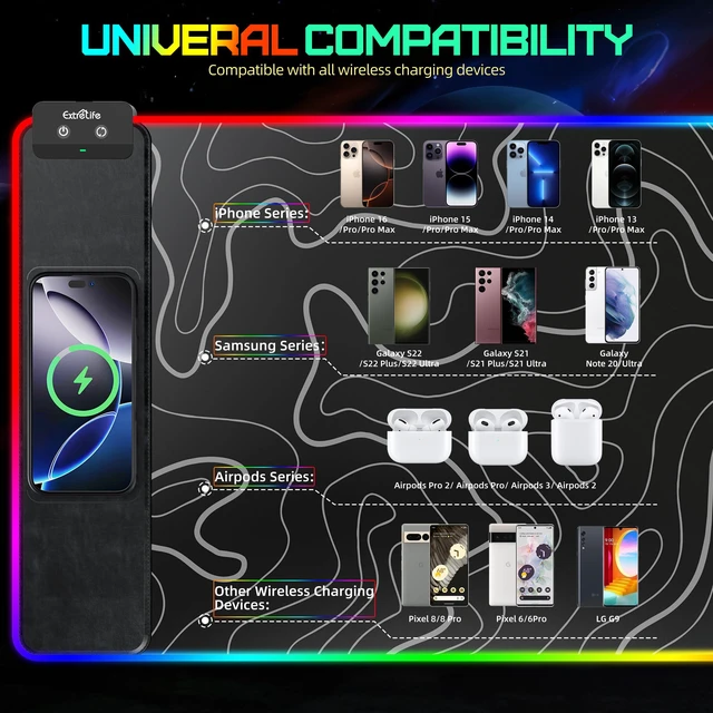 Alt view image 5 of 7 - Wireless Charging Mouse Pad, RGB Gaming Desk Mat, 31.5"x15.7" | XXL Large Desk Pad with Ultra-Smooth Surface, Non-Slip, Waterproof Computer Keyboard Pad for Gamer, Black Topographic Line