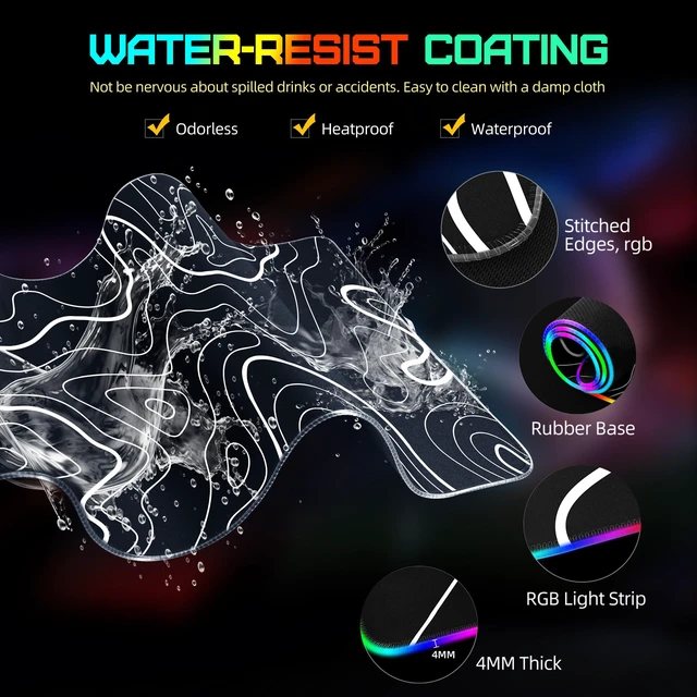 Alt view image 7 of 7 - Wireless Charging Mouse Pad, RGB Gaming Desk Mat, 31.5"x15.7" | XXL Large Desk Pad with Ultra-Smooth Surface, Non-Slip, Waterproof Computer Keyboard Pad for Gamer, Black Topographic Line