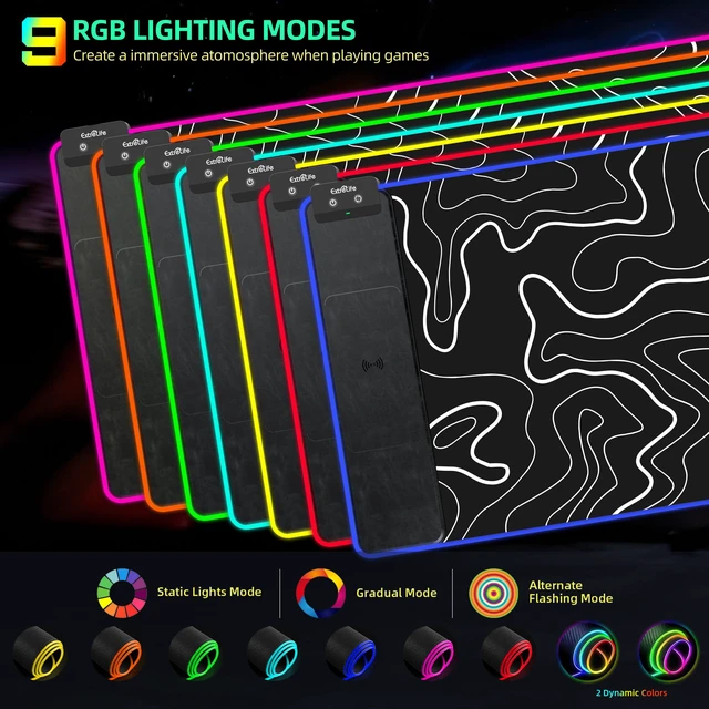 Alt view image 4 of 7 - Wireless Charging Mouse Pad, RGB Gaming Desk Mat, 31.5"x15.7" | XXL Large Desk Pad with Ultra-Smooth Surface, Non-Slip, Waterproof Computer Keyboard Pad for Gamer, Black Topographic Line