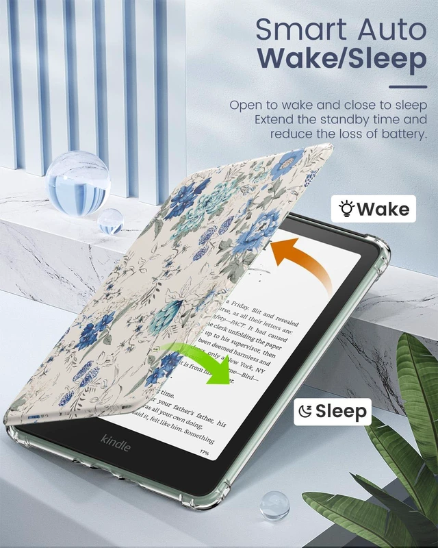 Alt view image 6 of 7 - Case for Kindle Paperwhite 12th Gen & Colorsoft 2024,White Blue Floral | Ultra Clear Soft Flexible Transparent TPU Back Cover Light Shell with Auto Wake/Sleep
