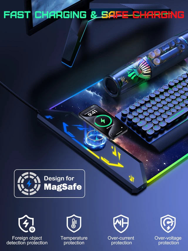 Alt view image 2 of 7 - Wireless Charging Mouse Pad, RGB Gaming Mousepad, 35.4" x 15.8" Extra Large Waterproof Keyboard Desk Pad, Computer Desk Mat, Blue Nebula (Includes 20W PD Power Adapter & 6.56ft Woven Cable)