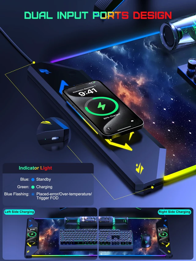 Alt view image 3 of 7 - Wireless Charging Mouse Pad, RGB Gaming Mousepad, 35.4" x 15.8" Extra Large Waterproof Keyboard Desk Pad, Computer Desk Mat, Blue Nebula (Includes 20W PD Power Adapter & 6.56ft Woven Cable)