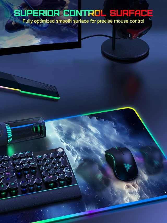 Alt view image 5 of 7 - Wireless Charging Mouse Pad, RGB Gaming Mousepad, 35.4" x 15.8" Extra Large Waterproof Keyboard Desk Pad, Computer Desk Mat, Blue Nebula (Includes 20W PD Power Adapter & 6.56ft Woven Cable)