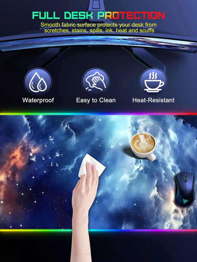 Alt view image 7 of 7 - Wireless Charging Mouse Pad, RGB Gaming Mousepad, 35.4" x 15.8" Extra Large Waterproof Keyboard Desk Pad, Computer Desk Mat, Blue Nebula (Includes 20W PD Power Adapter & 6.56ft Woven Cable)