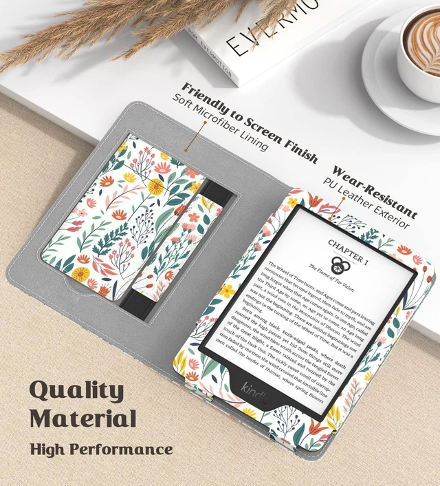 Alt view image 4 of 7 - Case for 6" Kindle (11th Generation,2024/2022), Flowers | Fits Kindle 10th/8th Generation (2019/2016), Ultra Lightweight PU Shell Cover, Auto Wake/Sleep