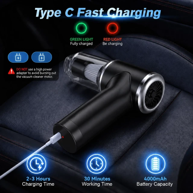 Alt view image 3 of 7 - Handheld Cordless Vacuum Cleaner,8000PA Suction 4 Modes Portable Car Vacuum,4000mAh Rechargeable Battery,3 Filters,7-in-1 Kit for Home Office Car Pet, Black