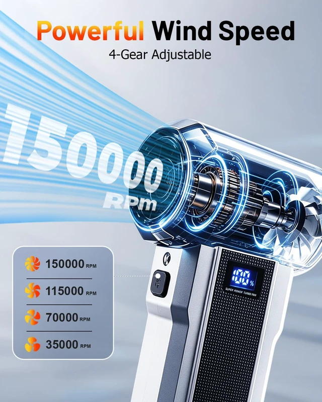 Alt view image 2 of 7 - Compressed Air Duster, 150000RMP 4 Gear Electric Air Blower with 6 Brushes | 4 Nozzles,Hand Mini Air Blower,Type-C Rechargeable,Computer,Keyboard,Outdoor Use,Home,BBQ,Cars Clean,Clearing Snow&Leaves