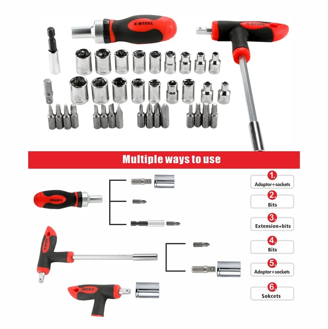 Alt view image 4 of 7 - 38-Piece Ratcheting Screwdriver Sets nut Driver Set Magnetic Torx Slotted Phillips Square Muti Screwdriver Bits Sockets Set T-Handle Rachet Tools Set Basic Tool Kit for Home Repair Dorm Mechanics