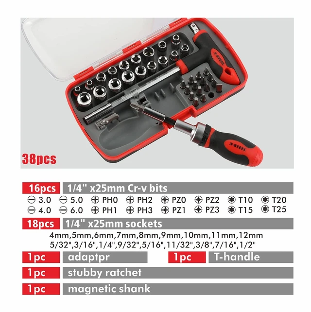 Alt view image 5 of 7 - 38-Piece Ratcheting Screwdriver Sets nut Driver Set Magnetic Torx Slotted Phillips Square Muti Screwdriver Bits Sockets Set T-Handle Rachet Tools Set Basic Tool Kit for Home Repair Dorm Mechanics