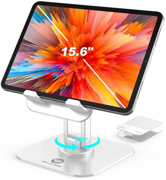 Main image of iPad Stand, 360° Rotating iPad Tablet Stand Holder for Desk, White | Adjustable, Foldable, Compatible for 4" - 15.6" Portable Monitor Kindle Tablet iPad Smartphones