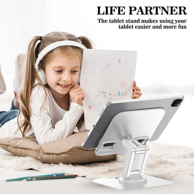 Alt view image 2 of 7 - iPad Stand, 360° Rotating iPad Tablet Stand Holder for Desk, White | Adjustable, Foldable, Compatible for 4" - 15.6" Portable Monitor Kindle Tablet iPad Smartphones