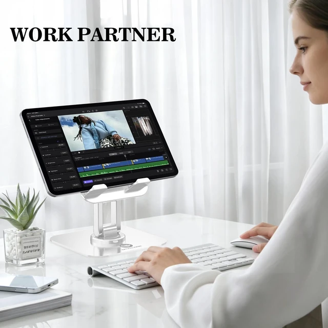 Alt view image 7 of 7 - iPad Stand, 360° Rotating iPad Tablet Stand Holder for Desk, White | Adjustable, Foldable, Compatible for 4" - 15.6" Portable Monitor Kindle Tablet iPad Smartphones