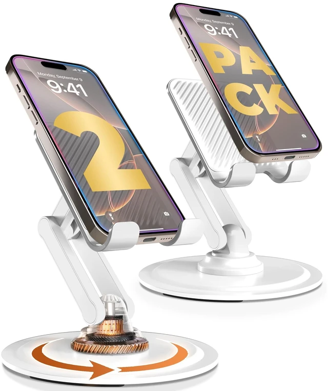 Main image of 360° Stand Rotating Cell Phone Stand for Desk, Desktop Phone Holder | 360° Click Rotating, Adjustable, Foldable, Portable, Metal Base, Cell Phone Holder for Desk; Fits all Samsung, Android Phones