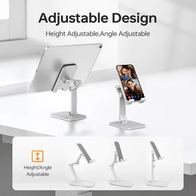 Alt view image 2 of 7 - Foldable Phone Stand for Desk - Adjustable Height & Angle Cell Phone Holder, Portable Tablet Stand with Anti-Slip Base for Home, Office, and Travel, Compatible with iPhone & All 4-11" Devices (White)