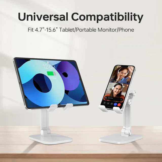 Alt view image 5 of 7 - Foldable Phone Stand for Desk - Adjustable Height & Angle Cell Phone Holder, Portable Tablet Stand with Anti-Slip Base for Home, Office, and Travel, Compatible with iPhone & All 4-11" Devices (White)