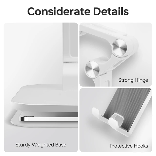 Alt view image 4 of 7 - Foldable Phone Stand for Desk - Adjustable Height & Angle Cell Phone Holder, Portable Tablet Stand with Anti-Slip Base for Home, Office, and Travel, Compatible with iPhone & All 4-11" Devices (White)