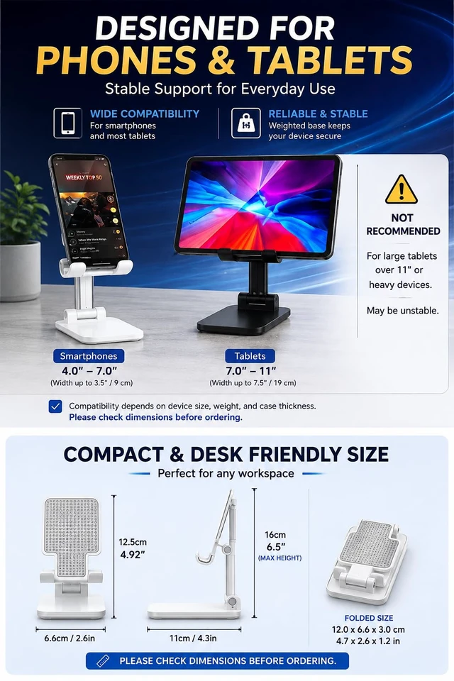 Alt view image 6 of 7 - Adjustable Phone Stand for Desk, Foldable Cell Phone Holder with Height & Angle Adjustment, Anti-Slip Base, Compatible with iPhone, Android & Tablets, 2 Pack (Black & White)