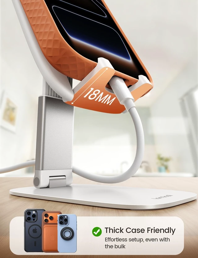 Alt view image 3 of 7 - Ultra-Thin Cell Phone Stand, Foldable Cellphone Holder for Desk | White Sturdy Desktop Cell Phone Holder for iPhone 17/16/15/14/13/12 Pro Max, Thick Case Friendly, Gifts for Men Dad Husband